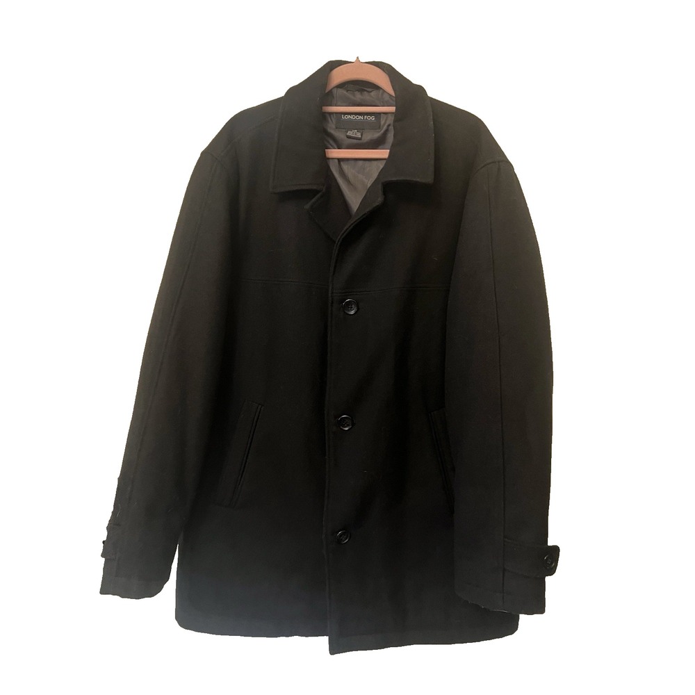 London Fog Coat Mens L Black Wool Blend Button Up Lined Pockets Business
